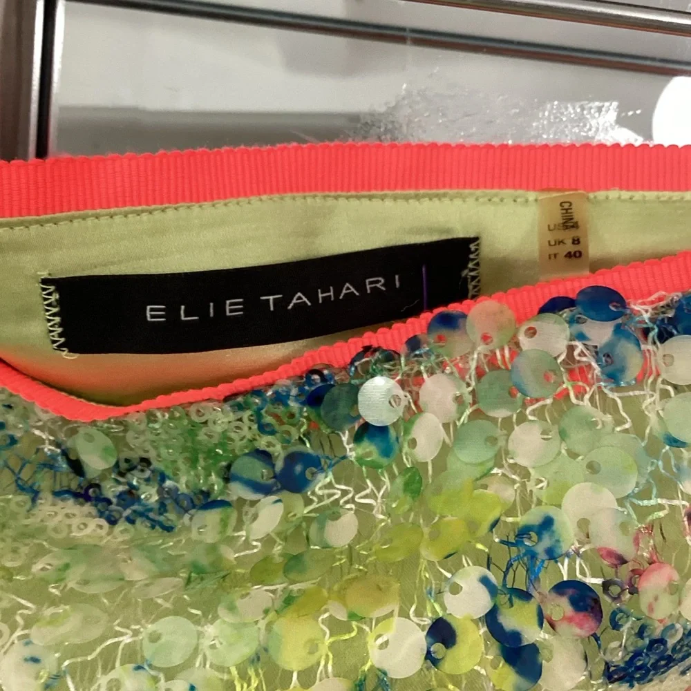 Elie tahari neon lime floral full sequin skirt side zip in Sz 4